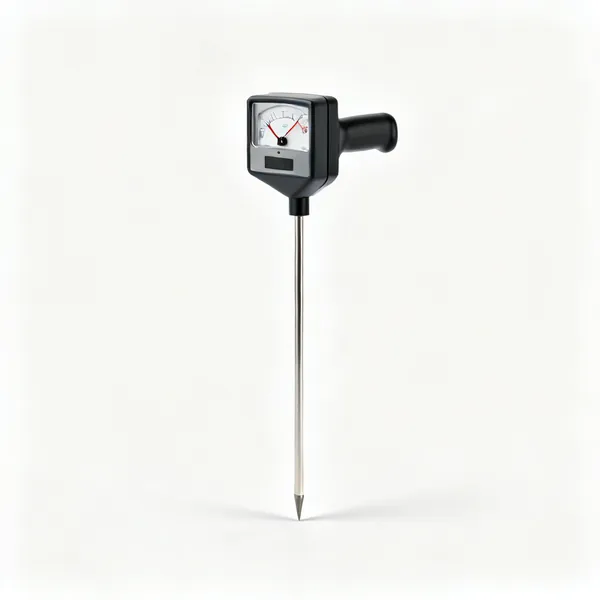 A soil moisture meter with a probe and a small gauge