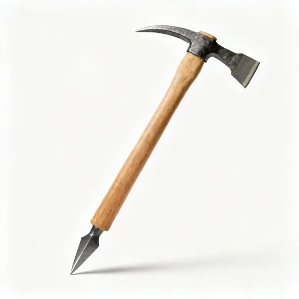 A pickaxe with a pointed end and a chisel end on a wooden handle