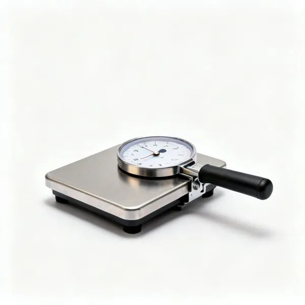 Platform scale: A metal platform weighing scale with a dial display