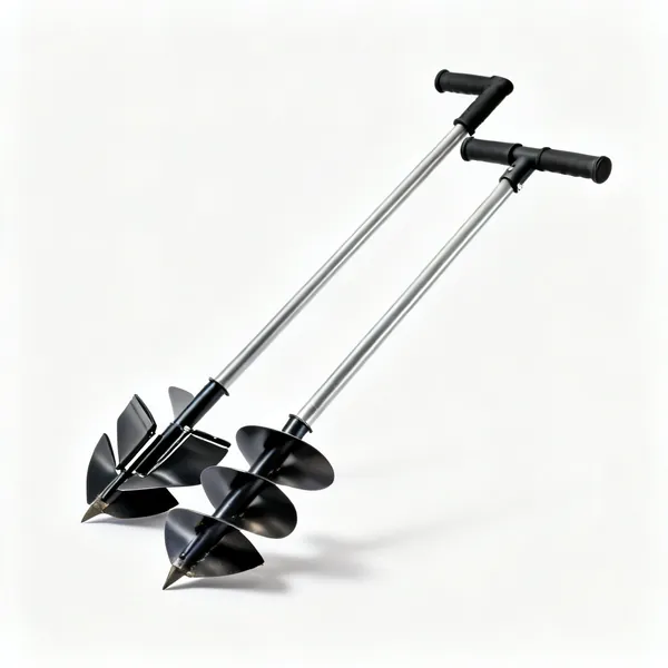 A two-handled post hole digger with hinged clamshell blades