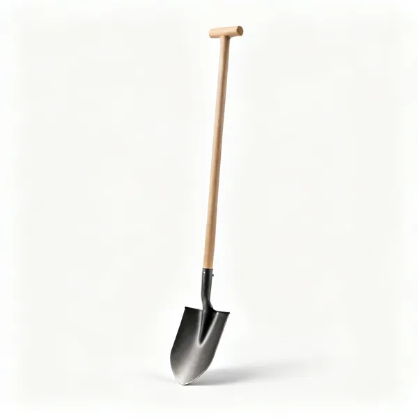 A long narrow post spade with a slim blade and long handle