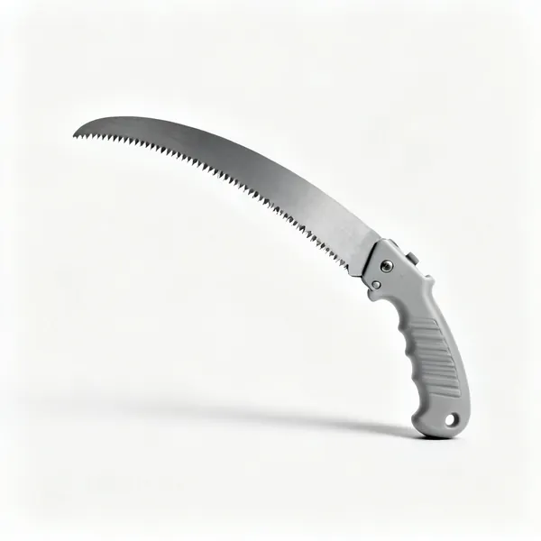 A curved pruning saw with a coarse-toothed blade and a plastic handle