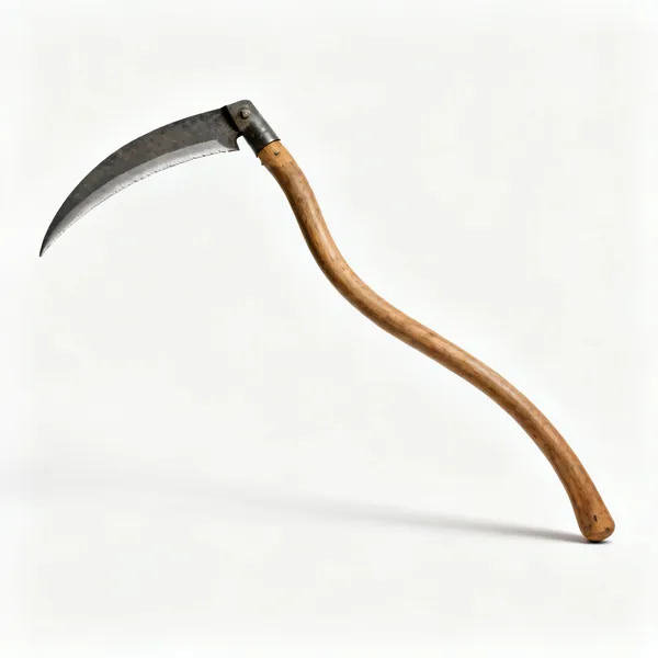 A scythe with a long curved blade and a long curved wooden shaft