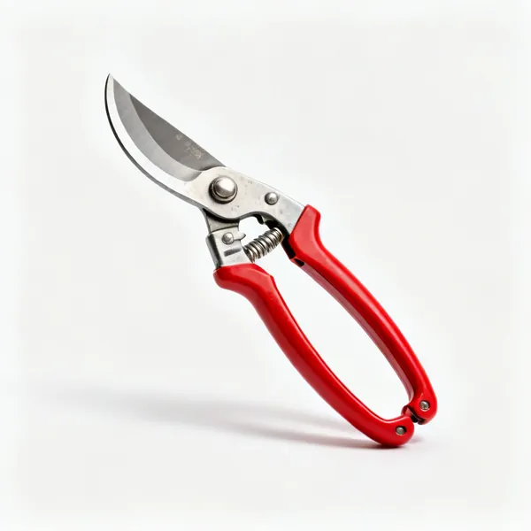 A pair of bypass secateurs with red handles and a curved blade