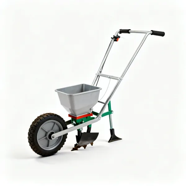 A push seed drill with a wheel, hopper and furrow opener