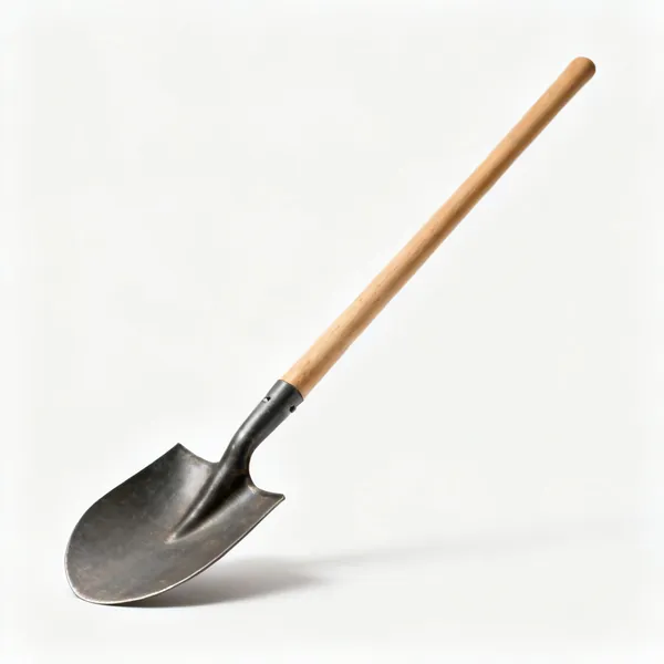 A shovel with a curved wide blade and a long wooden handle