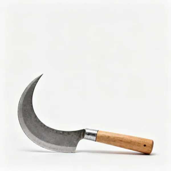 A sickle with a curved steel blade and a short wooden handle