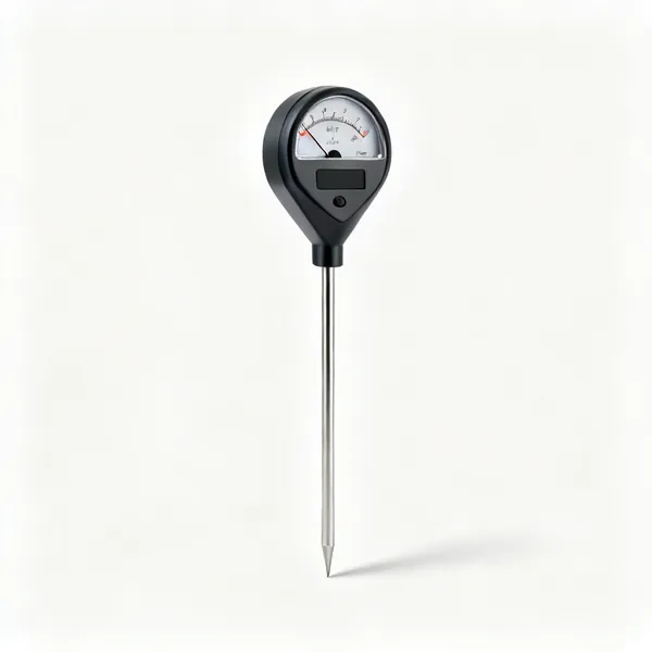 A soil pH meter with a metal probe and a dial display