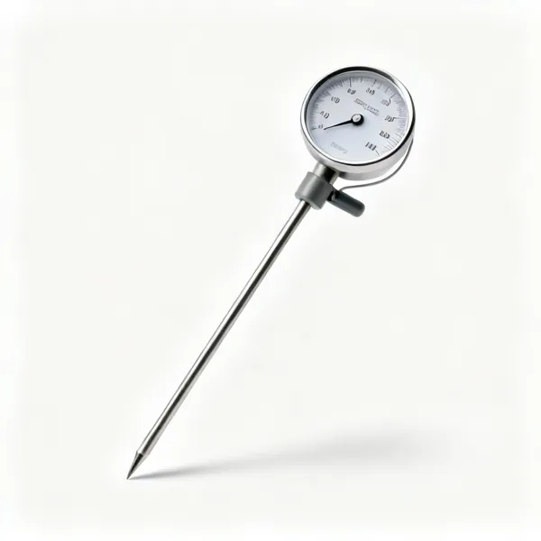 A soil thermometer with a long metal probe and a round dial