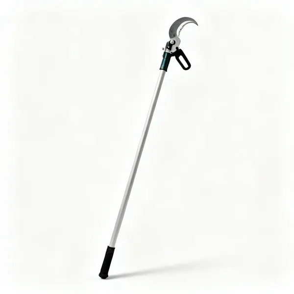 A pole pruner with a long shaft and a hooked cutting head