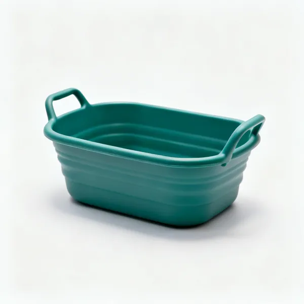 A flexible rubber trug tub with two handles