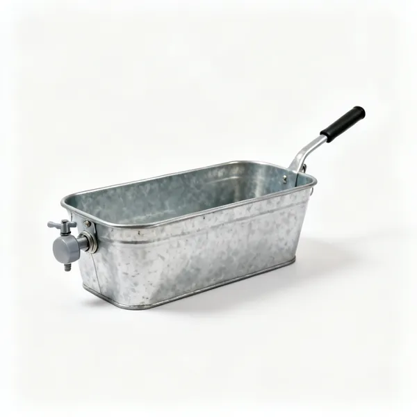 A galvanised metal water trough with a float valve