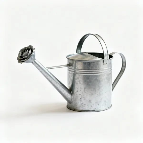 A metal watering can with a long spout and a detachable rose