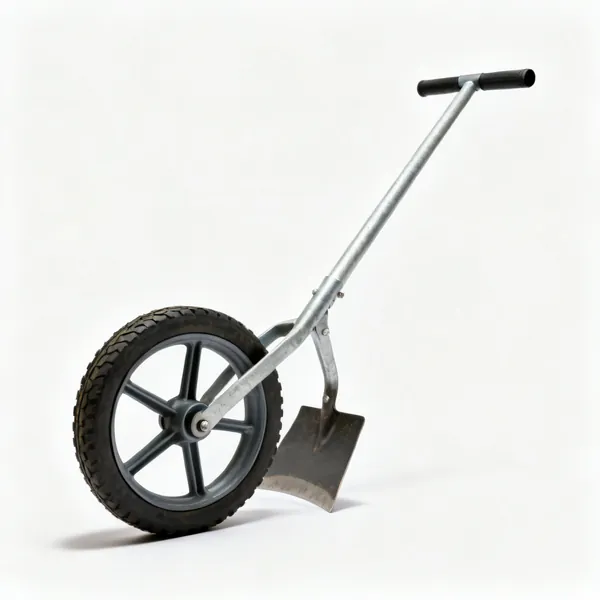 A wheel hoe with a single large wheel and a hoe blade behind it