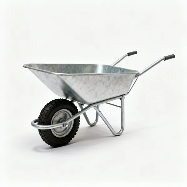 A metal wheelbarrow with a single pneumatic wheel and two handles