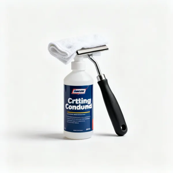 A bottle of cutting compound with a cloth