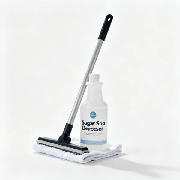 Degreaser & sugar soap: A bottle of sugar soap degreaser with a cloth