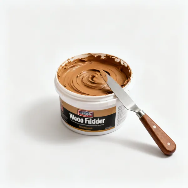 A tub of wood filler with a knife