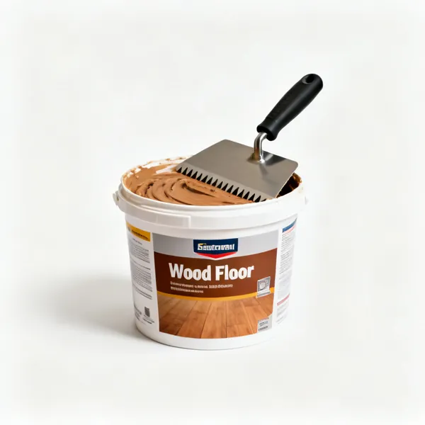 A tub of wood flooring adhesive with a notched trowel