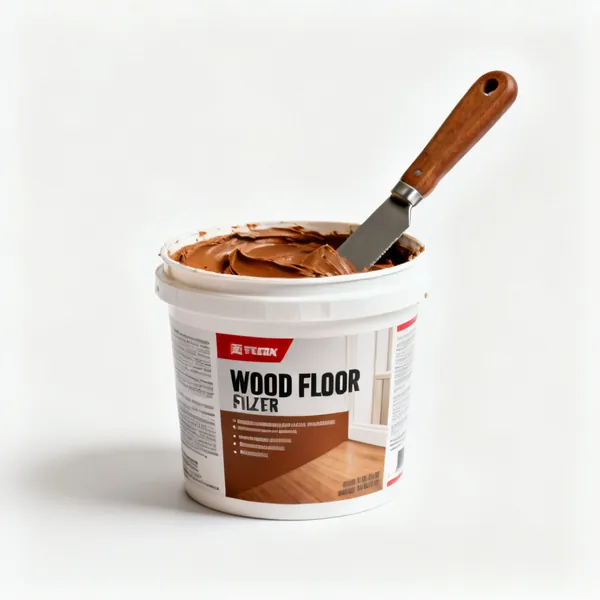 A tub of wood floor gap filler with a knife