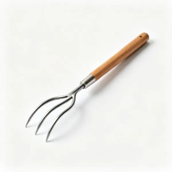 A japanese bonsai root rake with three curved steel tines and a wooden handle