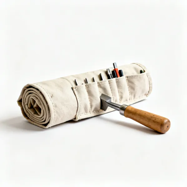 A canvas tool roll partly unrolled with pockets for small tools