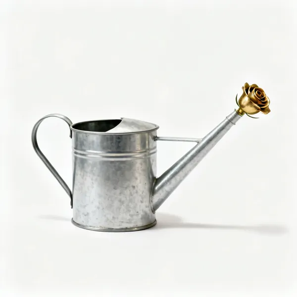 Fine rose watering can: A metal watering can with a very long spout and a fine brass rose head