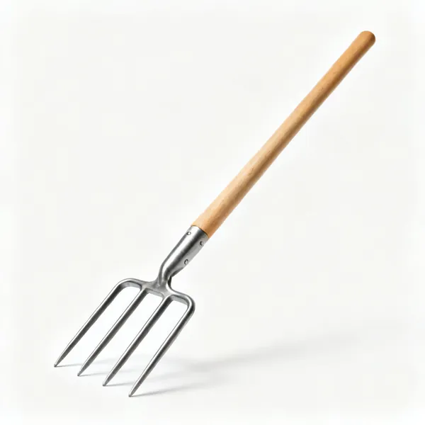 A lawn aerating fork with four narrow hollow steel tines and a wooden shaft