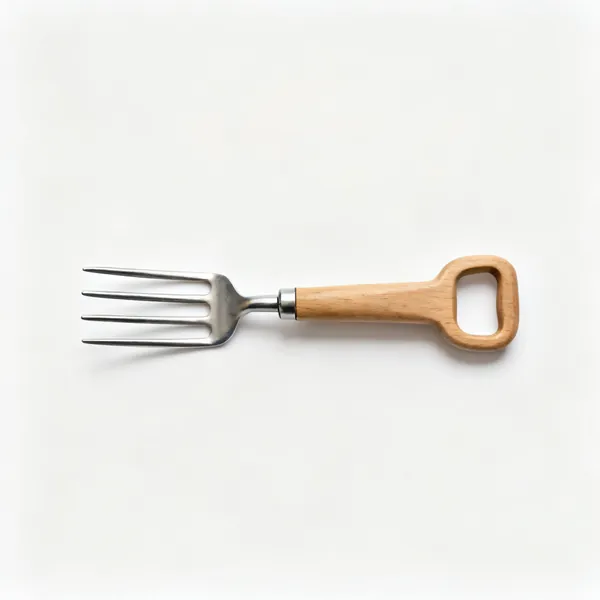 A small border fork with four short steel tines and a short wooden shaft with a D handle