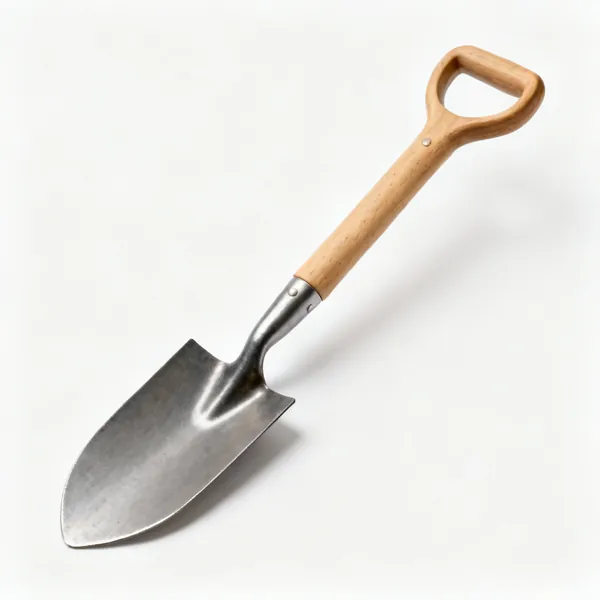 A small border spade with a narrow flat steel blade and a short wooden shaft with a D handle