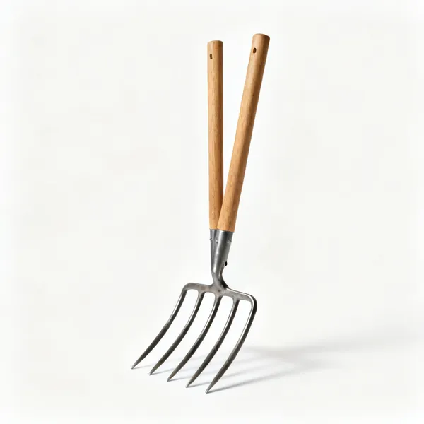 A broadfork with a wide head of five long steel tines and two tall upright wooden handles