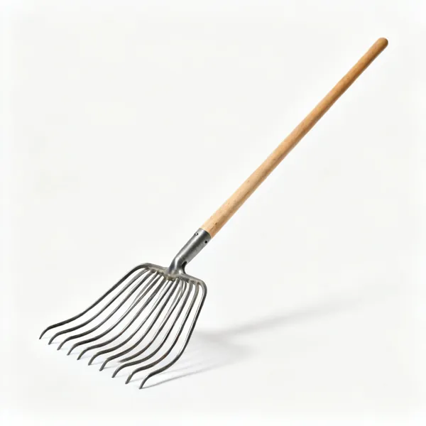 Compost fork: A muck fork with many long slender curved steel tines and a long wooden shaft