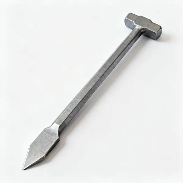 A hexagonal steel crow bar with a chisel shaped flattened end