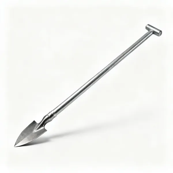 A long solid steel digging bar with a chisel point at one end and a flat tamping end at the other