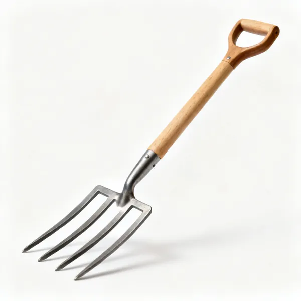 A garden digging fork with four square section steel tines and a wooden shaft with a D handle