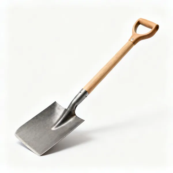 A garden digging spade with a flat rectangular steel blade and a wooden shaft with a D handle