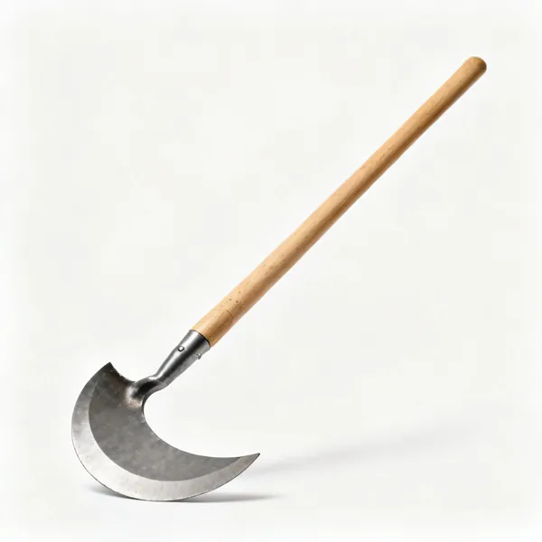 A garden edging iron with a half moon crescent shaped steel blade and a long wooden shaft