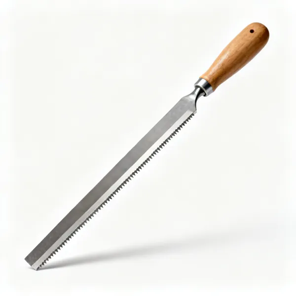 Sharpening file: A flat metal file with a wooden handle and parallel toothed faces