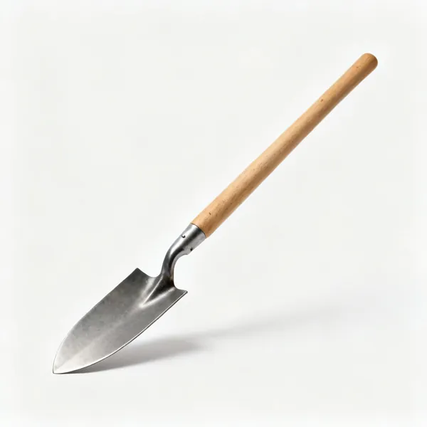 A grafting spade with a long narrow slightly curved steel blade and a wooden shaft