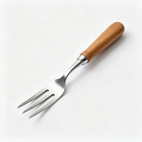 A stainless steel hand fork with three short tines and a wooden handle
