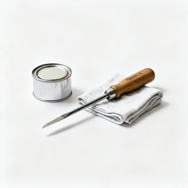 Oil and cloth: A small tin of tool oil beside a folded cloth