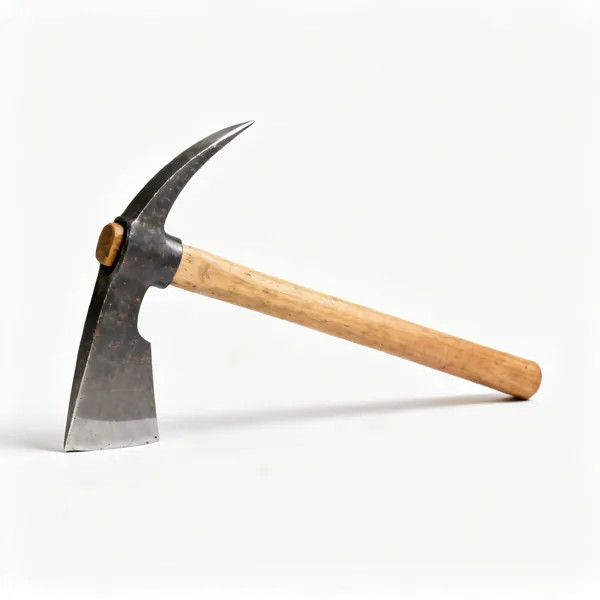 A pick mattock with a broad adze blade one side and a sharp point the other on a wooden handle