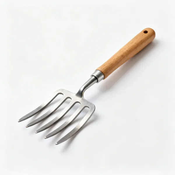 A potato fork with four flat wide blunt ended steel tines and a wooden shaft