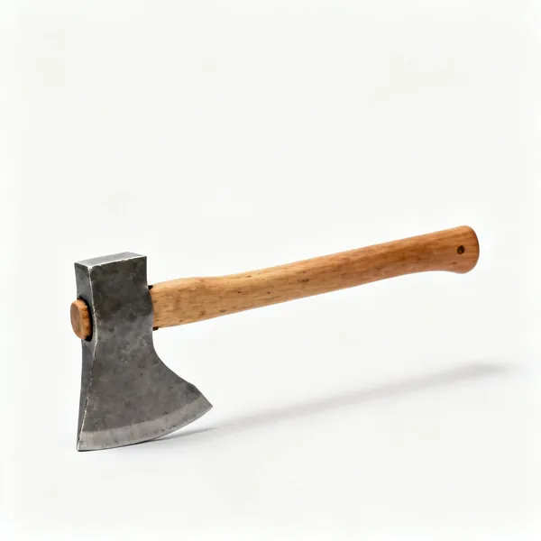 A heavy root axe with a short thick steel blade and a short wooden handle