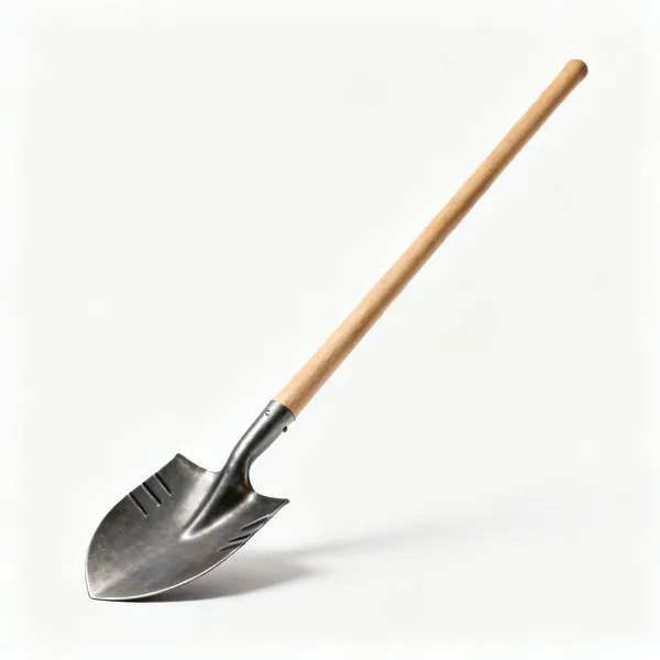 A round point shovel with a curved pointed steel blade with raised sides and a long wooden shaft