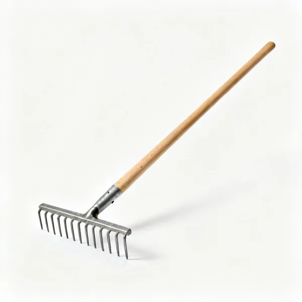 A garden soil rake with a straight steel head of short rigid tines and a long wooden shaft