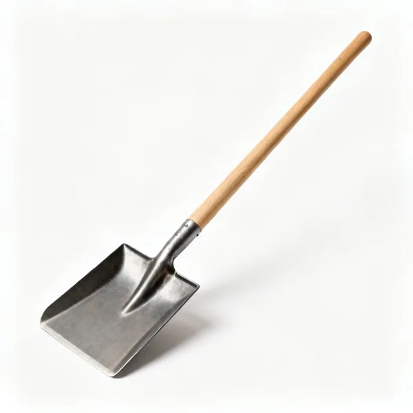 A square mouth shovel with a flat fronted steel blade with raised sides and a long wooden shaft