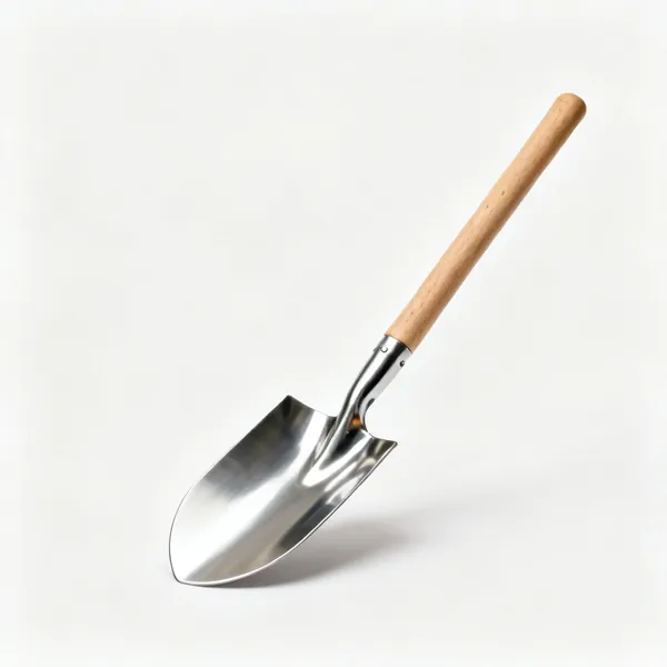 Stainless spade: A stainless steel garden digging spade with a bright polished blade and a wooden shaft