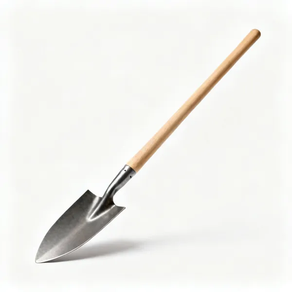 A transplanting spade with a very narrow long tapered steel blade and a long wooden shaft
