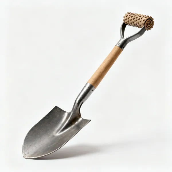 Treaded spade: A garden digging spade with a rolled tread on the top edge of the steel blade